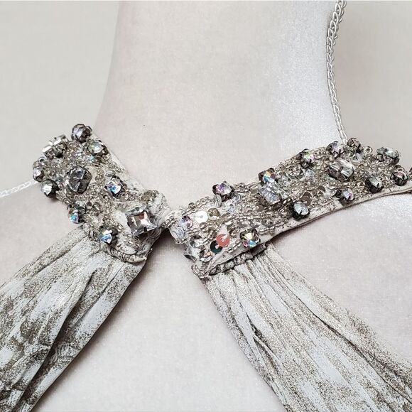 SATIN Snakeskin Silver Sequin Beaded Backless Side Slit Racerback Maxi Dress XS - Picture 14 of 16